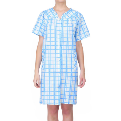 Women's Short Sleeve Snap-Front Plaid Seersucker Cotton House Coat